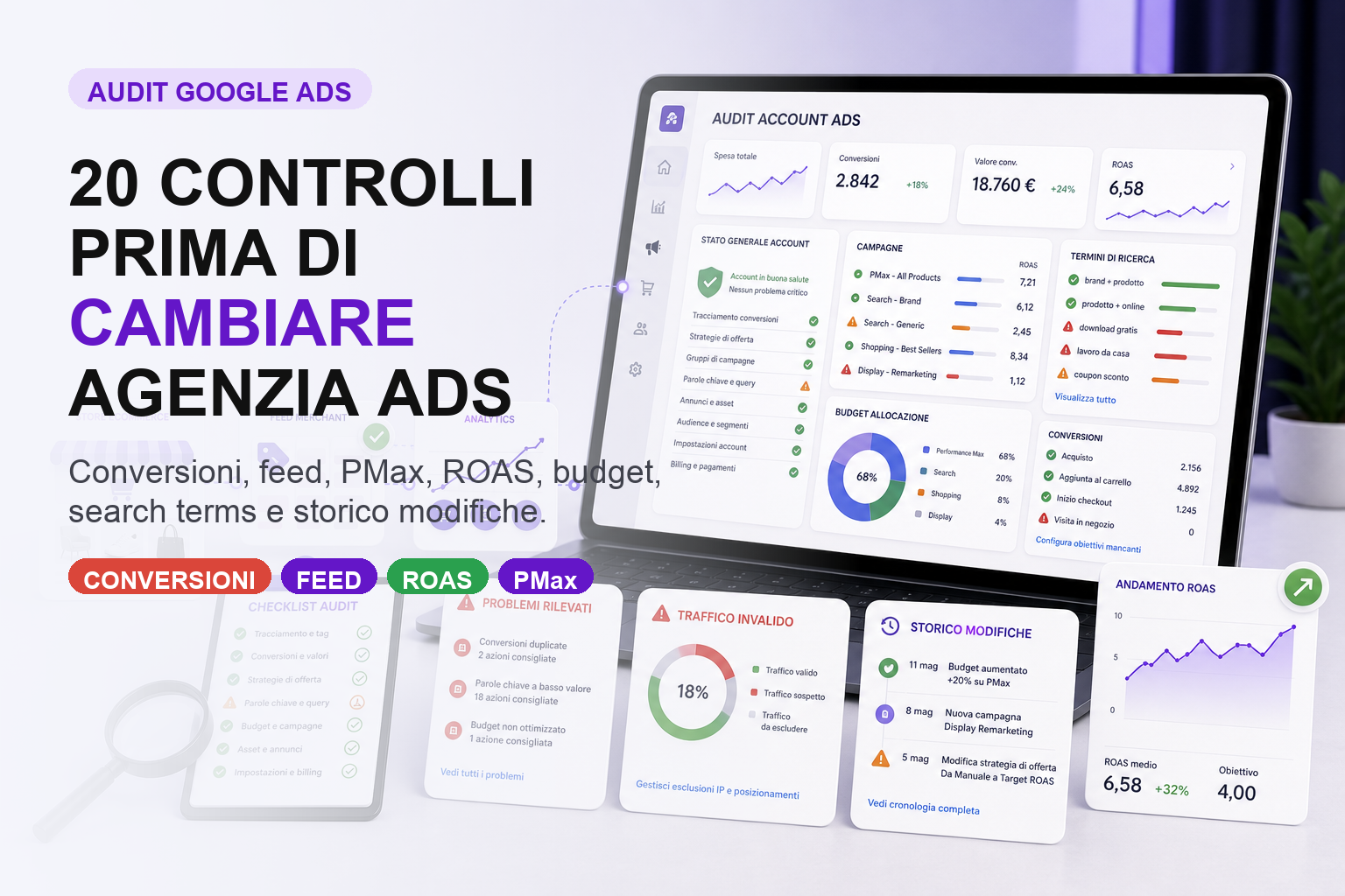 Audit Google Ads eCommerce con checklist conversioni, feed, ROAS, PMax e storico modifiche
