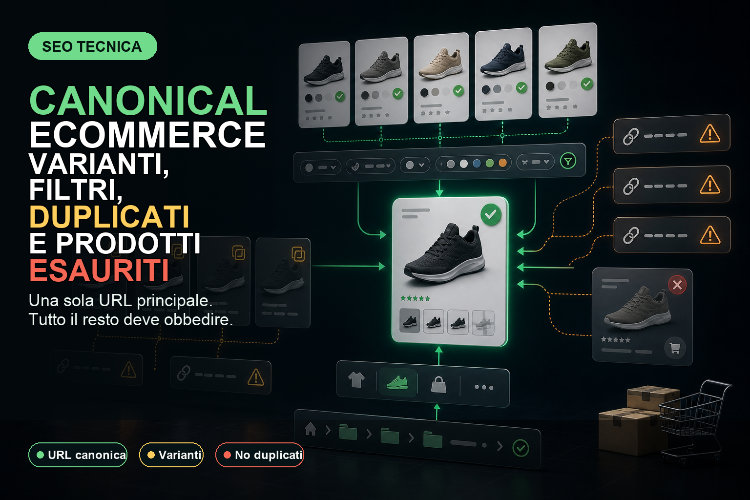 Canonical eCommerce con varianti prodotto, filtri, duplicati e prodotti esauriti
