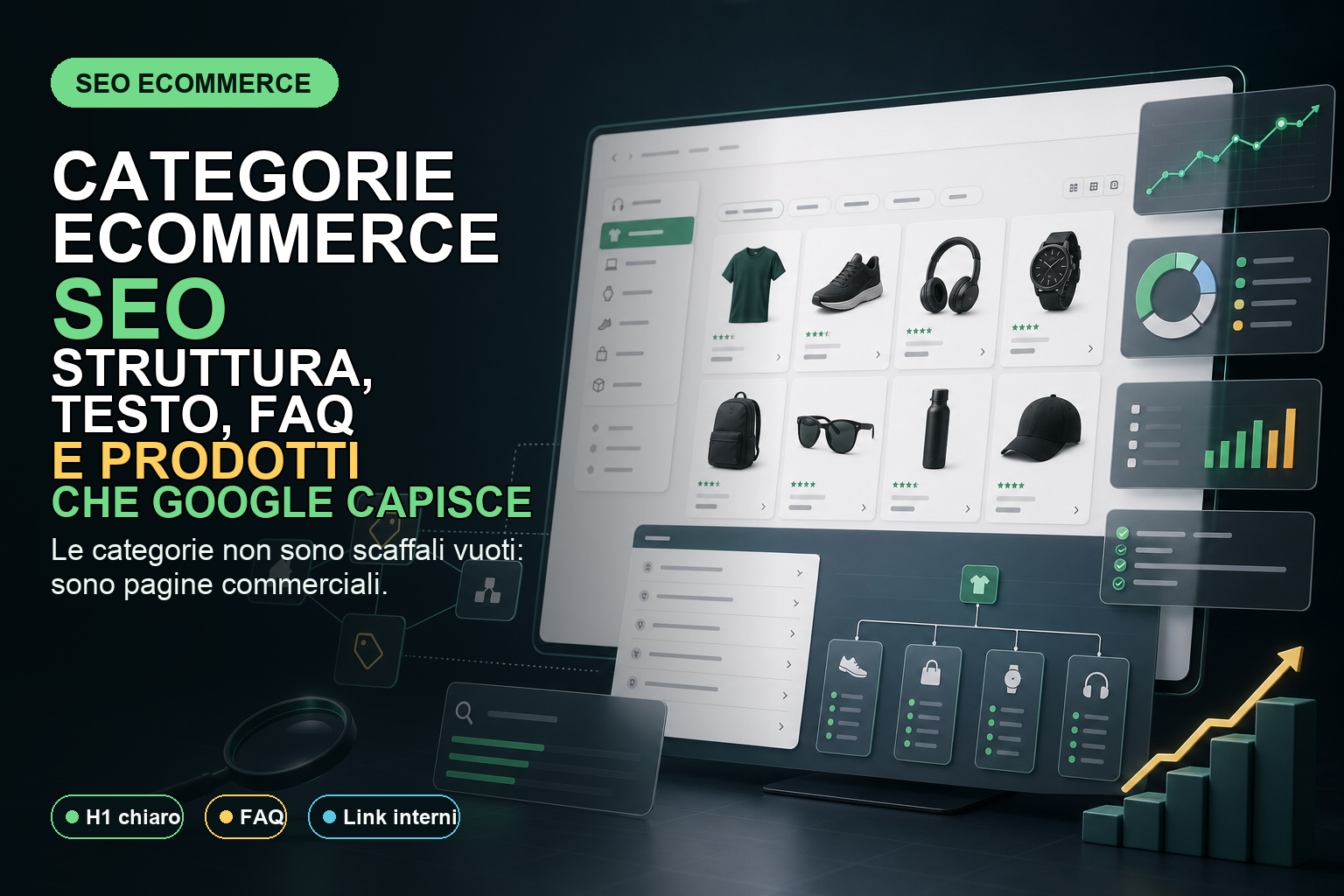 Categorie eCommerce SEO con struttura, testo, FAQ, prodotti, filtri e link interni