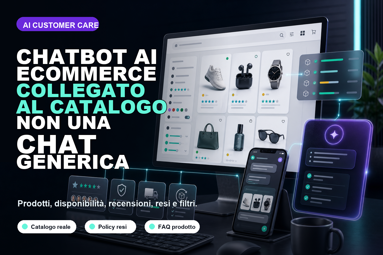 Chatbot AI eCommerce collegato al catalogo prodotti, disponibilità, recensioni, resi e filtri
