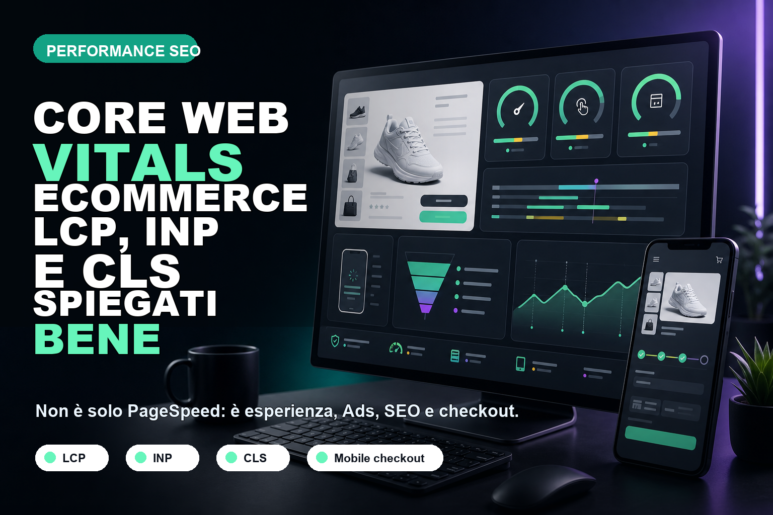 Core Web Vitals eCommerce con dashboard LCP INP CLS e checkout mobile