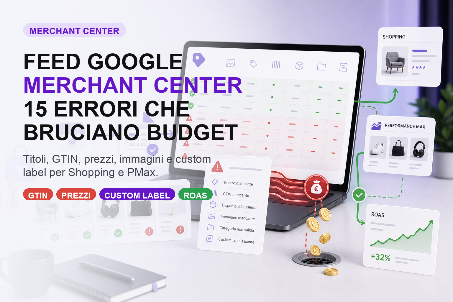 Feed Google Merchant Center con errori prodotto che bruciano budget Shopping e Performance Max