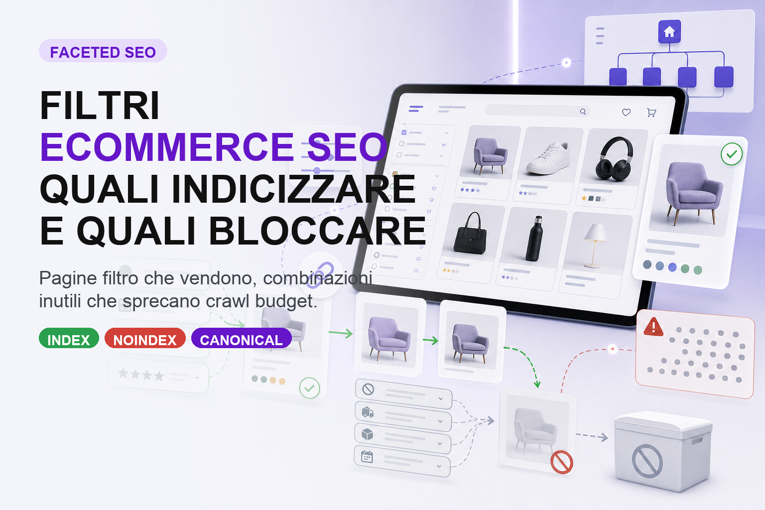 Filtri eCommerce SEO, pagine filtro indicizzabili, noindex e canonical