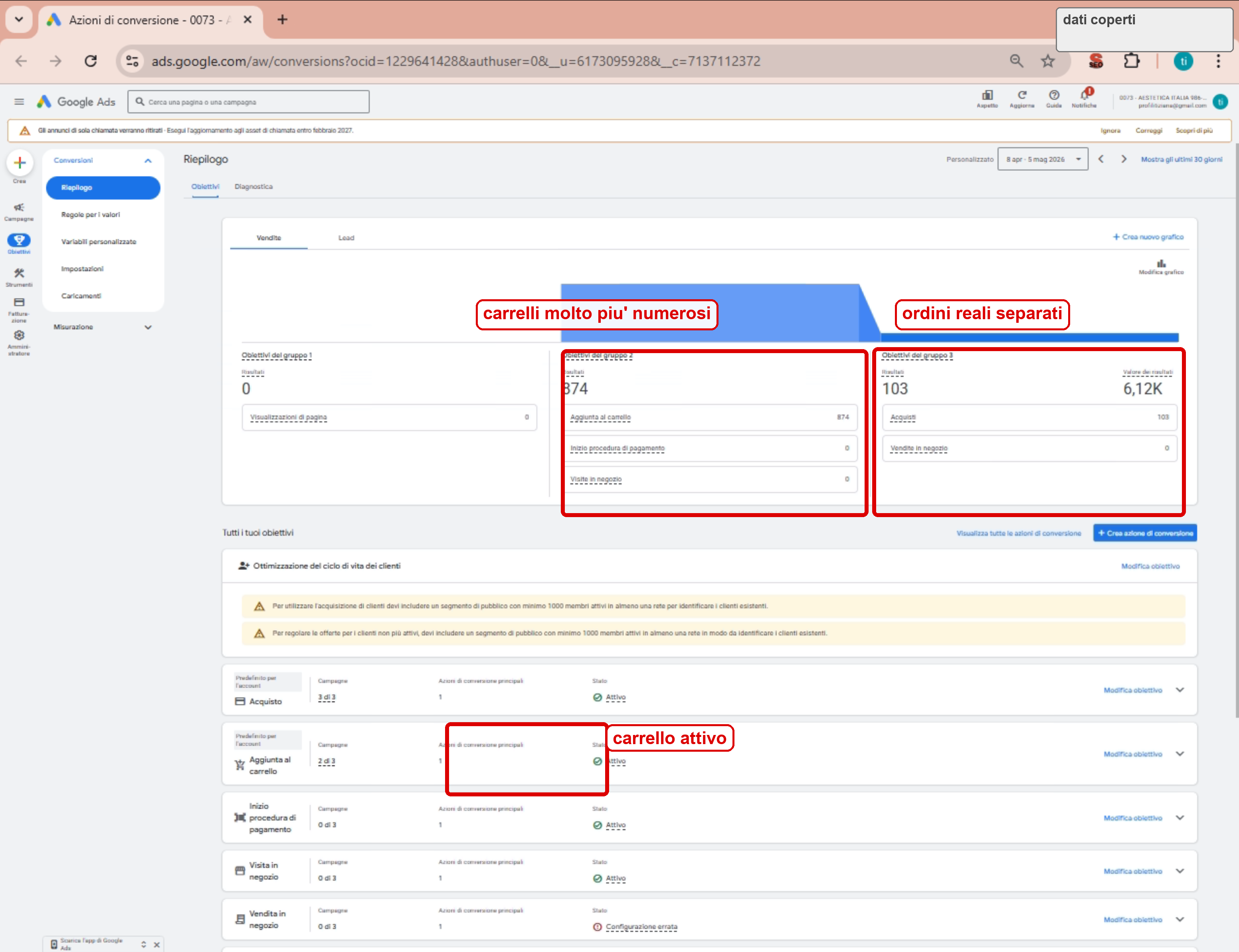 Riepilogo Google Ads redatto con carrelli e acquisti evidenziati separatamente