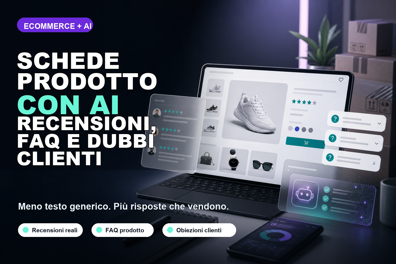 Schede prodotto eCommerce con AI, recensioni, FAQ e dubbi clienti
