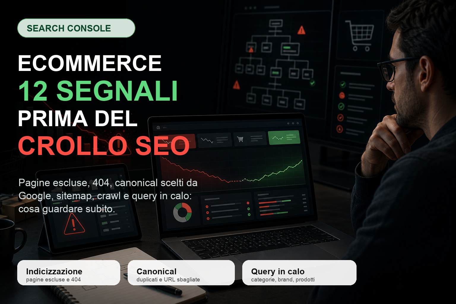 Search Console per eCommerce con segnali di crollo SEO, pagine escluse, canonical e query in calo