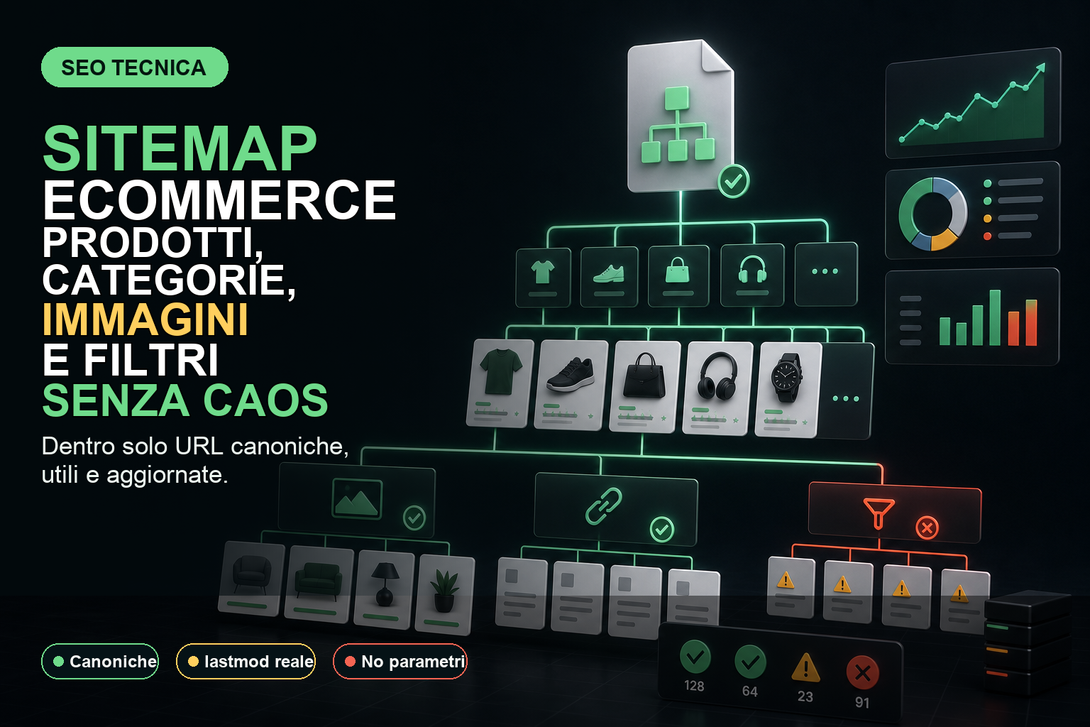 Sitemap eCommerce con prodotti, categorie, immagini, pagine filtro canoniche e URL da escludere