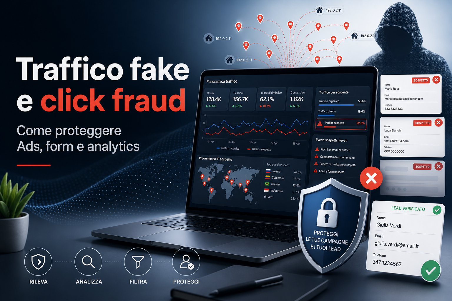Traffico fake e click fraud su Google Ads con form spam e lead false
