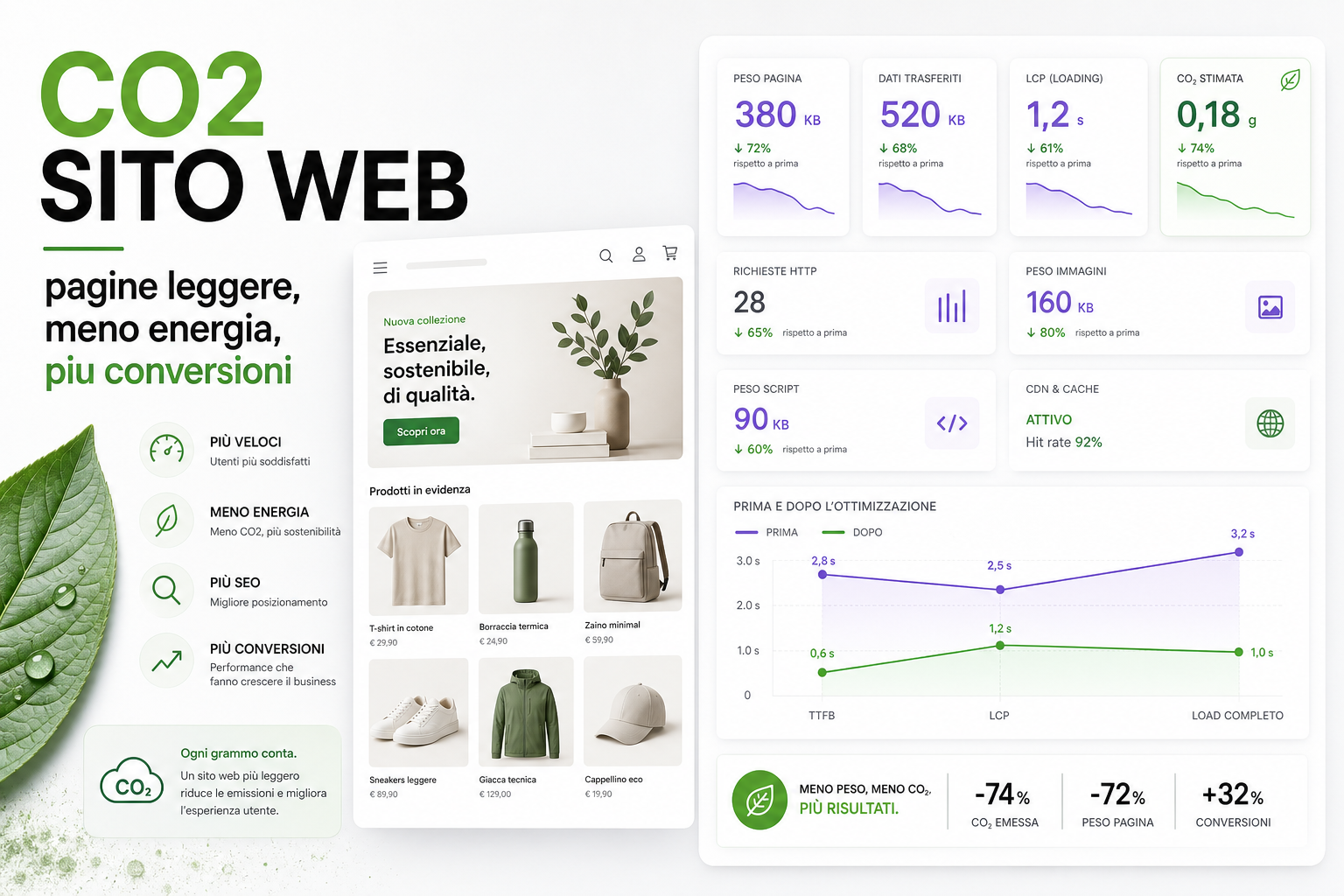 Dashboard green web eCommerce con peso pagina, CO2 stimata, LCP, richieste, cache, immagini e conversioni
