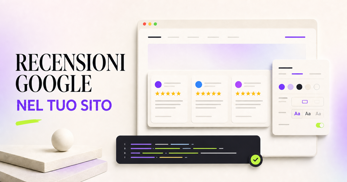 Widget di recensioni Google con valutazione, card e codice di integrazione per il sito