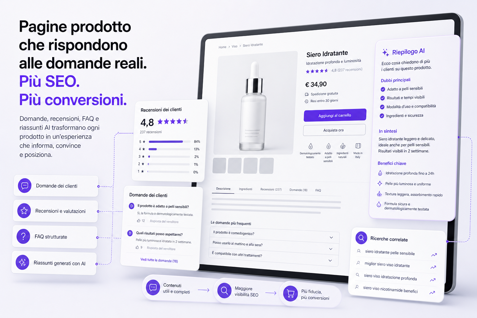 Scheda prodotto eCommerce con recensioni, domande clienti, FAQ e riepilogo AI