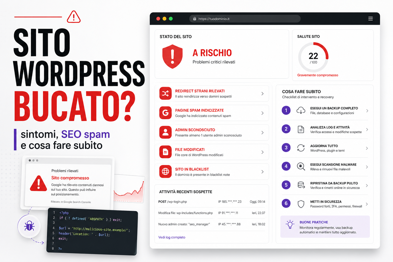 Dashboard di sicurezza per sito WordPress bucato, SEO spam, redirect strani e checklist di recovery